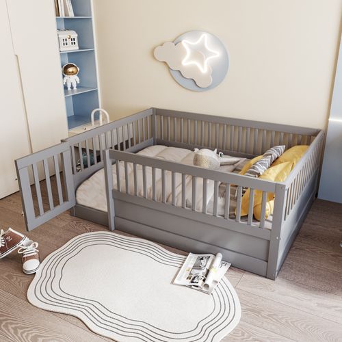 Lit Enfant 140x200 Cm - Cadre Bois Avec Barrière Et Porte De Sécurité - Gris