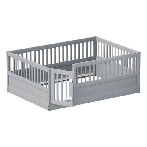 Lit Enfant 140x200 Cm - Cadre Bois Avec Barrière Et Porte De Sécurité - Gris