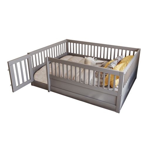 Lit Enfant 140x200 Cm - Cadre Bois Avec Barrière Et Porte De Sécurité - Gris