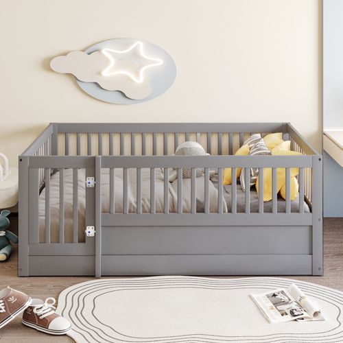 Lit Enfant 140x200 Cm - Cadre Bois Avec Barrière Et Porte De Sécurité - Gris