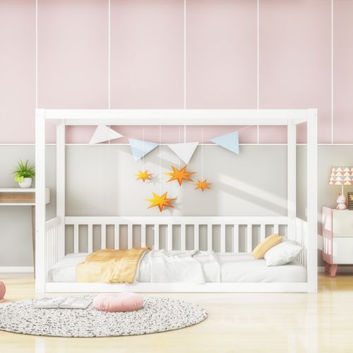 Lit à Baldaquin 90x200 Cm - Cadre En Bois Massif Pour Enfants Et Ados - Blanc