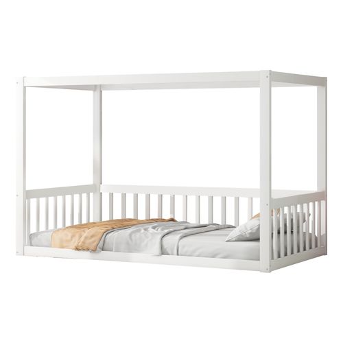 Lit à Baldaquin 90x200 Cm - Cadre En Bois Massif Pour Enfants Et Ados - Blanc