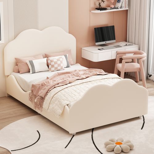 Lit Enfant 90x200 Cm - Rembourré Velours, Barrière, Tête/pied De Lit Nuage - Beige