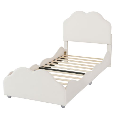 Lit Enfant 90x200 Cm - Rembourré Velours, Barrière, Tête/pied De Lit Nuage - Beige