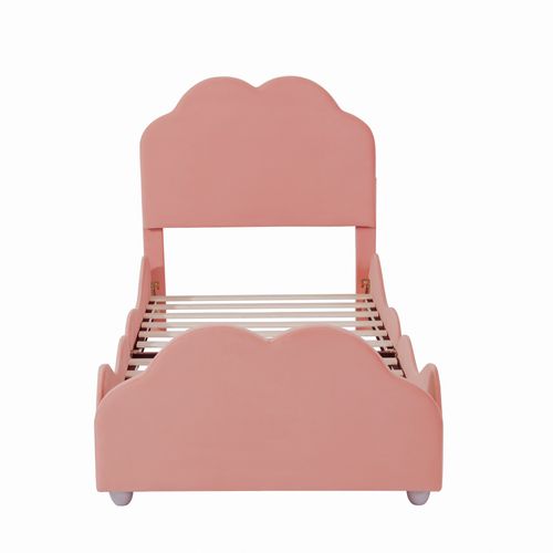 Lit Enfant 90x200 Cm - Rembourré Velours, Barrière, Tête/pied De Lit Nuage - Rose