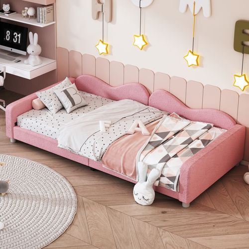 Lit Enfant 90x200 Cm - Convertible Tissu Teddy, Dossier, Accoudoirs, Multifonction - Rose