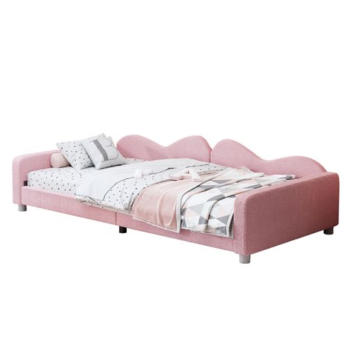 Lit Enfant 90x200 Cm - Convertible Tissu Teddy, Dossier, Accoudoirs, Multifonction - Rose