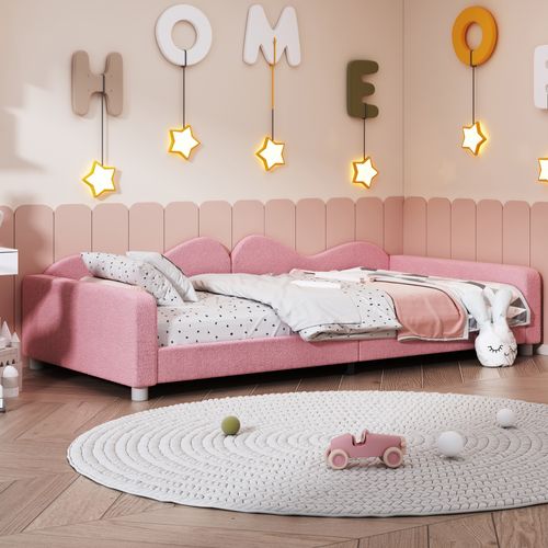 Lit Enfant 90x200 Cm - Convertible Tissu Teddy, Dossier, Accoudoirs, Multifonction - Rose