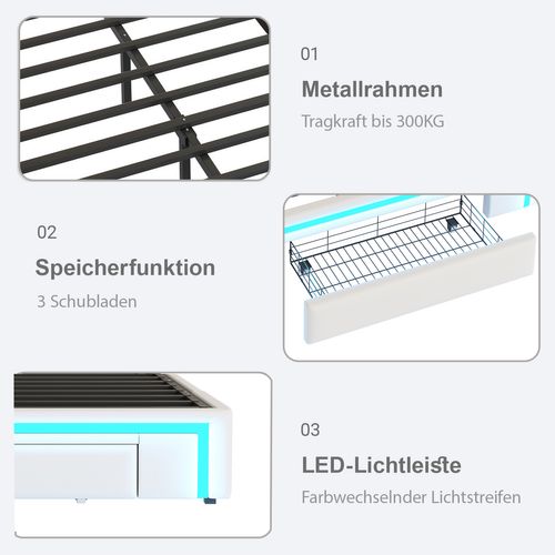 Cadre De Lit 140x200cm Avec LED -lit En PU Sans Tête De Lit -avec Espace De Rangement - Beige