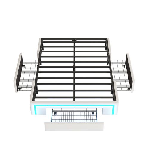 Cadre De Lit 140x200cm Avec LED -lit En PU Sans Tête De Lit -avec Espace De Rangement - Beige