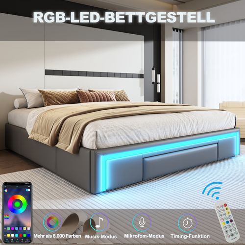 Cadre De Lit 140x200cm Avec LED -lit En PU Sans Tête De Lit - avec Espace De Rangement - Gris