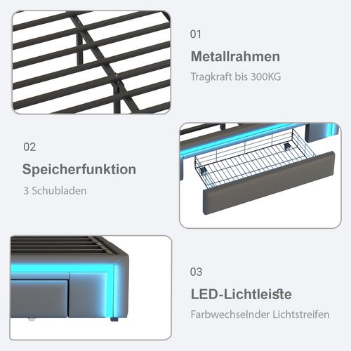 Cadre De Lit 160x200cm Avec LED -lit En PU Sans Tête De Lit -avec Espace De Rangement - Gris