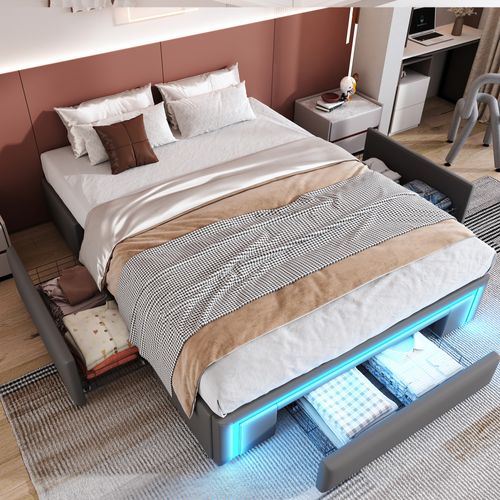 Cadre De Lit 160x200cm Avec LED -lit En PU Sans Tête De Lit -avec Espace De Rangement - Gris