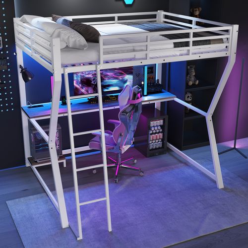 Haut Lit 140x200cm Gaming Avec Bureau Et LED, Blanc