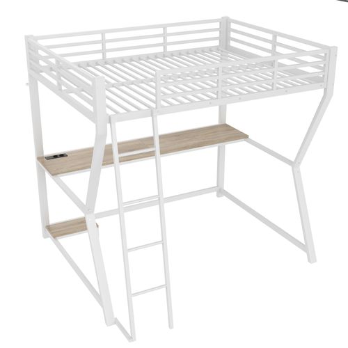 Haut Lit 140x200cm Gaming Avec Bureau Et LED, Blanc