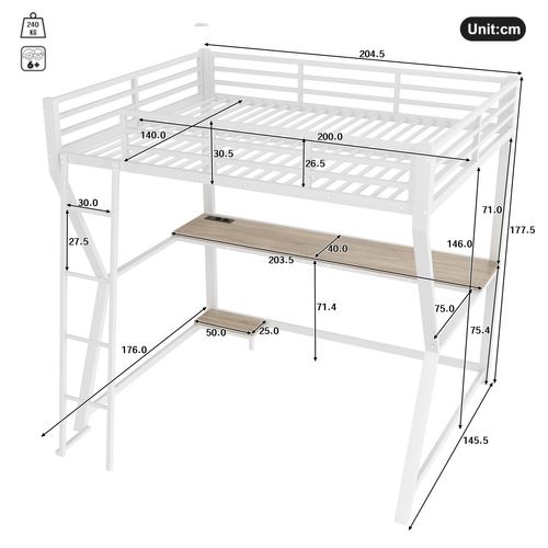 Haut Lit 140x200cm Gaming Avec Bureau Et LED, Blanc