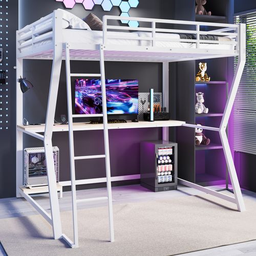 Haut Lit 140x200cm Gaming Avec Bureau Et LED, Blanc