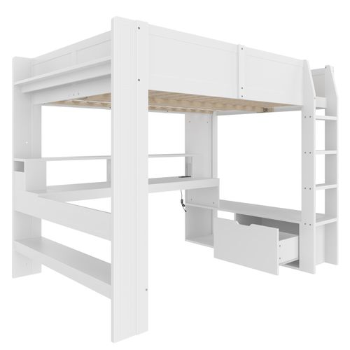 Haut Lit Gaming 140x200cm Avec Bureau LED, Blanc