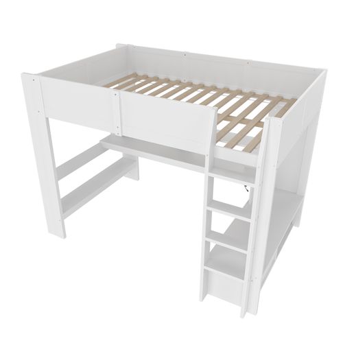 Haut Lit Gaming 140x200cm Avec Bureau LED, Blanc