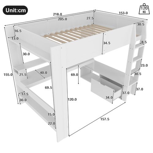 Haut Lit Gaming 140x200cm Avec Bureau LED, Blanc