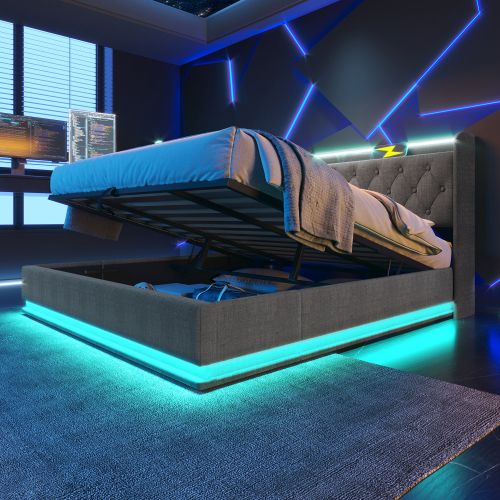 Lit Double Capitonné 180*200cm-rangement Hydraulique-avec Port De Chargement USB Type-c-gris