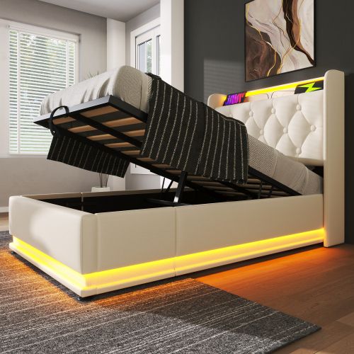 Lit Double Capitonné 90*200cm-rangement Hydraulique-avec Port De Chargement USB Type-c-blanc