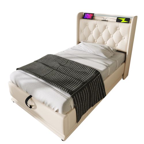 Lit Double Capitonné 90*200cm-rangement Hydraulique-avec Port De Chargement USB Type-c-blanc