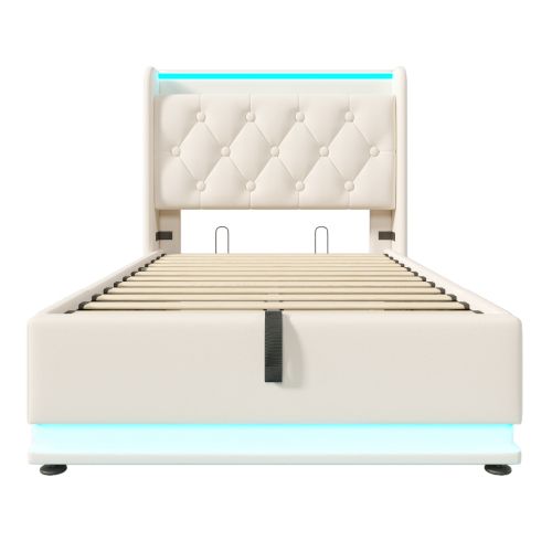 Lit Double Capitonné 90*200cm-rangement Hydraulique-avec Port De Chargement USB Type-c-blanc