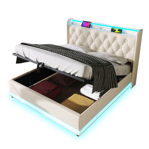 Lit Double Capitonné 180*200cm-rangement Hydraulique-avec Port De Chargement USB Type-c-blanc