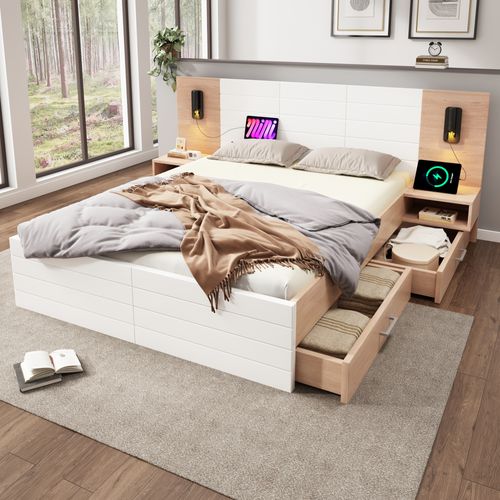 Lit Chevets Intégré Imitation - Port USB - Rangements - Chêne Et Blanc - 160x200cm