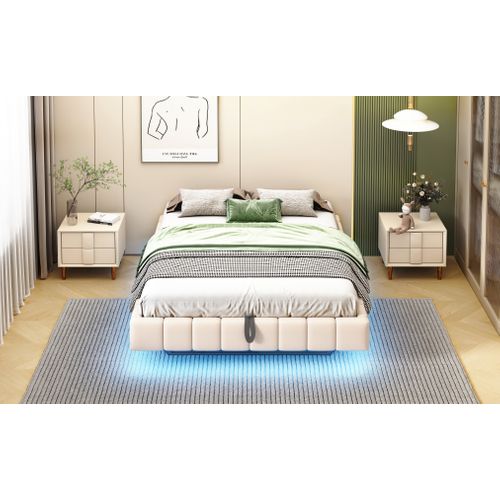 Lit Coffre - Fonction Hydraulique- Avec Espace De Rangement- LED - 140x200 Cm - Beige