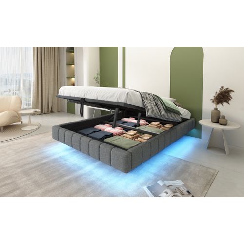 Lit Coffre - Fonction Hydraulique- Avec Espace De Rangement- LED - 140x200 Cm - Gris