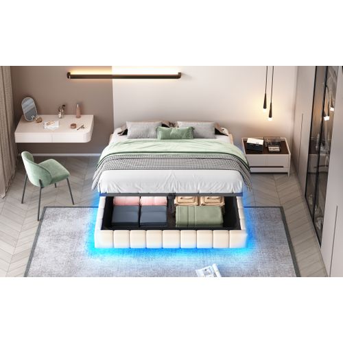 Lit Coffre - Fonction Hydraulique- Avec Espace De Rangement- LED - 160x200 Cm - Beige