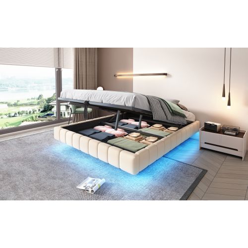 Lit Coffre - Fonction Hydraulique- Avec Espace De Rangement- LED - 160x200 Cm - Beige