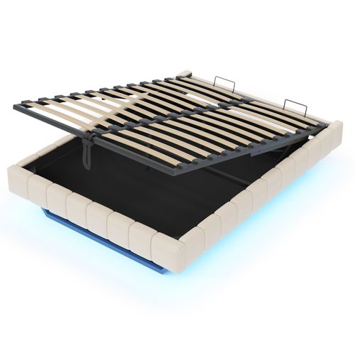Lit Coffre - Fonction Hydraulique- Avec Espace De Rangement- LED - 160x200 Cm - Beige