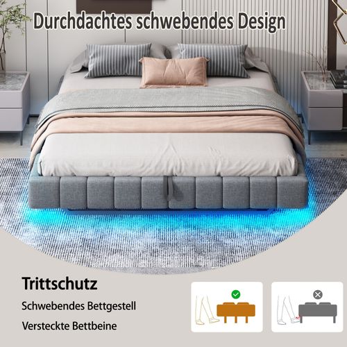 Lit Coffre - Fonction Hydraulique- Avec Espace De Rangement- LED - 160x200 Cm - Gris