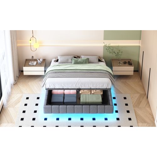Lit Coffre - Fonction Hydraulique- Avec Espace De Rangement- LED - 160x200 Cm - Gris