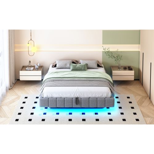 Lit Coffre - Fonction Hydraulique- Avec Espace De Rangement- LED - 160x200 Cm - Gris