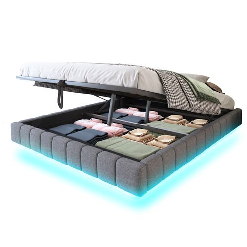 Lit Coffre - Fonction Hydraulique- Avec Espace De Rangement- LED - 180x200 Cm - Gris
