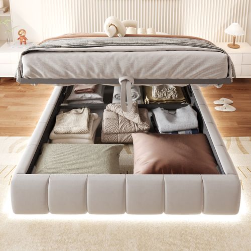 Lit Coffre - Fonction Hydraulique- Avec Espace De Rangement- LED - 140x200 Cm - Beige