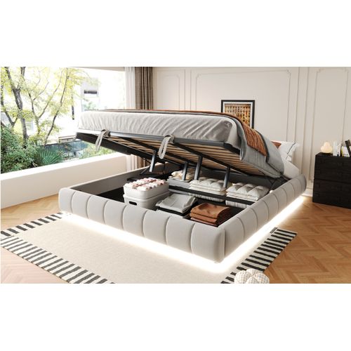 Lit Coffre - Fonction Hydraulique- Avec Espace De Rangement- LED - 180x200 Cm - Beige