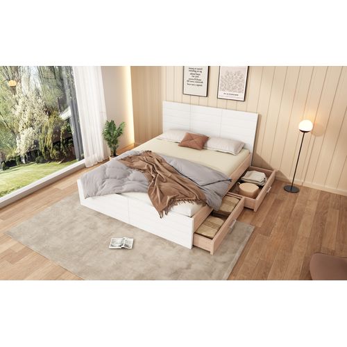 Lit En Bois- 2 Tiroirs - 140×200cm - Blanc et Chêne- Moderne Et Naturel- Sommier à Lattes