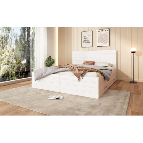 Lit En Bois- 2 Tiroirs - 160×200cm - Blanc et Chêne- Moderne Et Naturel- Sommier à Lattes