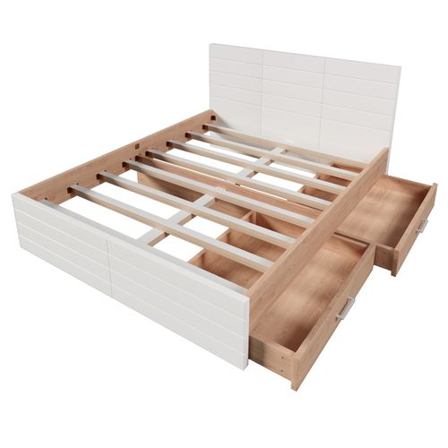 Lit En Bois- 2 Tiroirs - 160×200cm - Blanc et Chêne- Moderne Et Naturel- Sommier à Lattes