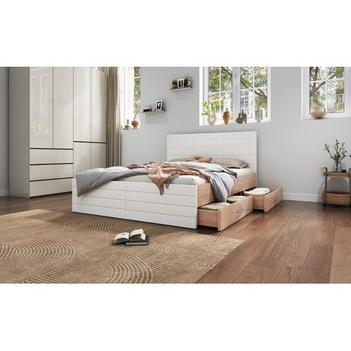 Lit En Bois- 2 Tiroirs - 180×200cm - Blanc et Chêne- Moderne Et Naturel- Sommier à Lattes