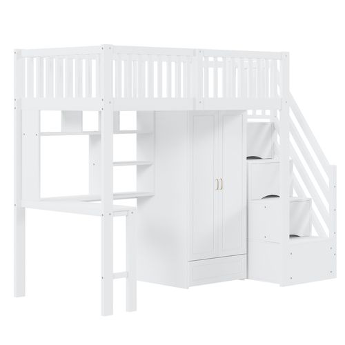 Lit Mezzanine 90x200 Cm - Avec Armoire, Étagère, Table Et Escalier - Bois Blanc