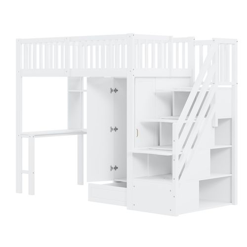 Lit Mezzanine 90x200 Cm - Avec Armoire, Étagère, Table Et Escalier - Bois Blanc