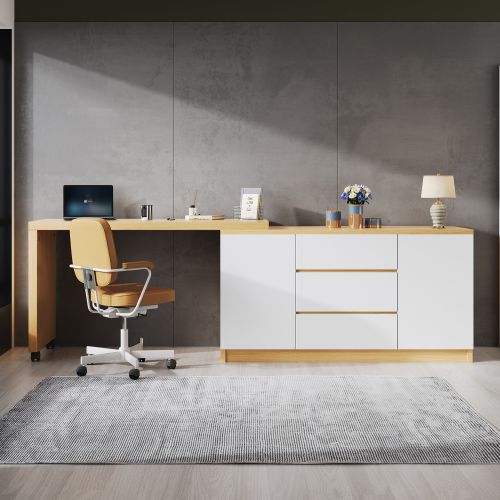 Bureau D'angle - Design Multifonctionnel - Verrouillables - Blanc Et Chêne