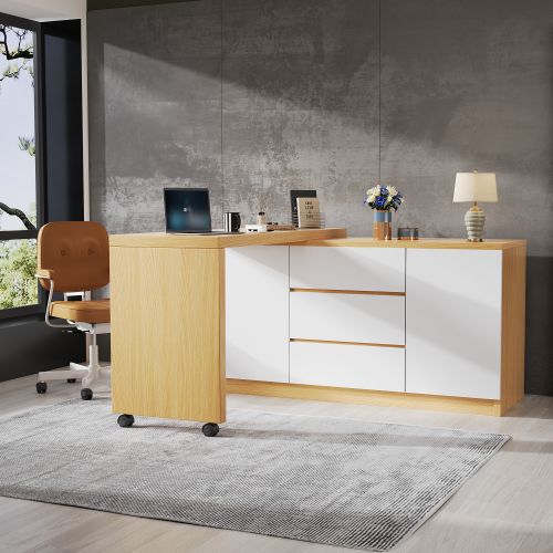 Bureau D'angle - Design Multifonctionnel - Verrouillables - Blanc Et Chêne