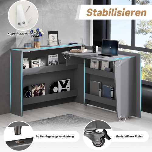 Bureau Pliable Avec Roulettes Et Chargeur Sans Fil - 115 × 27 × 93 Cm Fermé-gris
